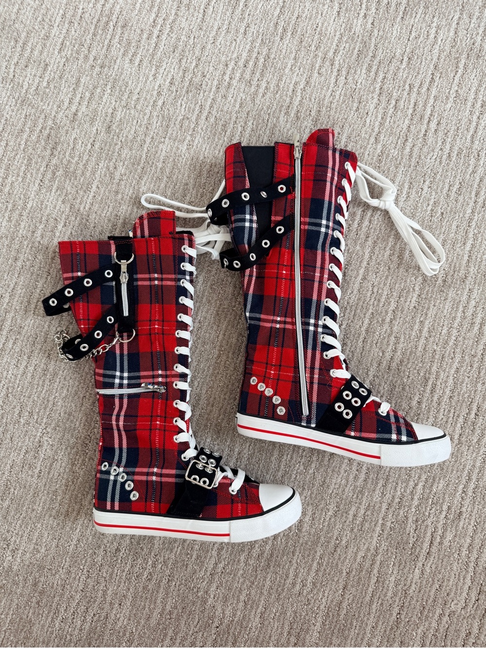 Y R U RAWR XD Red Plaid Lace-Up Knee-High Punk Sneakers 7 Wide Calf Friendly